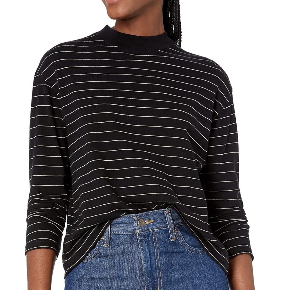 Vince Navy Chalk Striped Mock Neck Long Sleeve Mock Neck Top Shirt S/Small EUC